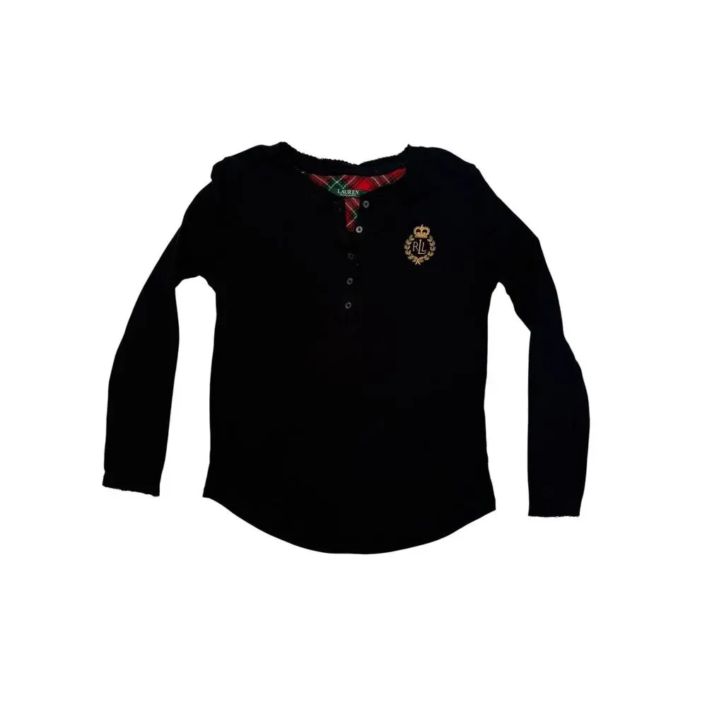 RALPH LAUREN LRL Gold Embroidered Logo Henley Tee in Black Size Medium Womens